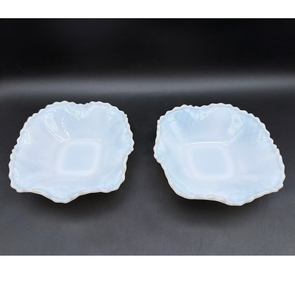 Vintage Milk Glass Diamond Point Dessert Bowls 6" Scalloped Edge Set of 2